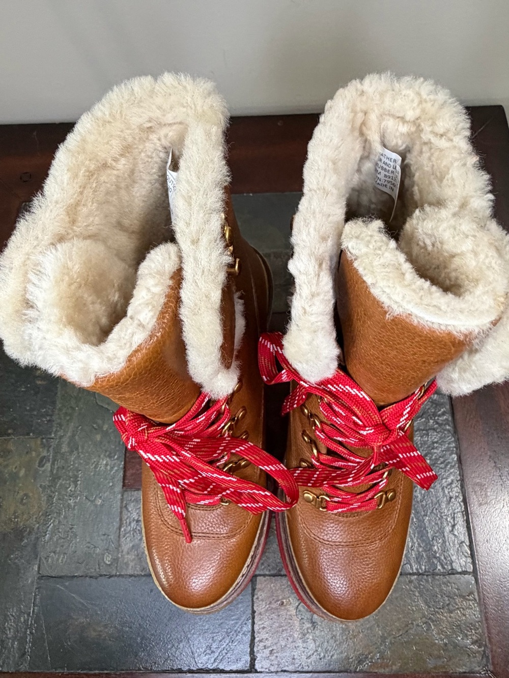 Tory Burch Tan Leather Wedge Boot with Red Laces and Shearling Trim - Picture 5 of 11